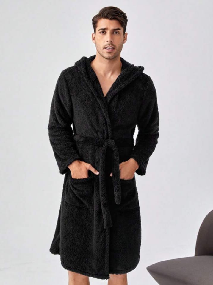 DREAN-CITY Men Dual Pocket Hooded Belted Teddy Bathrobe